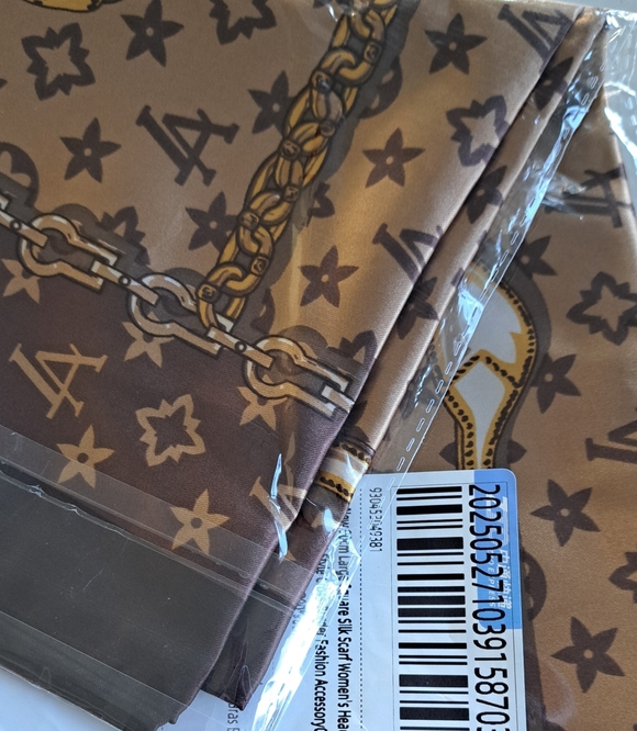 FINAL SALE Luxury LV STYLE Brown and Gold Scarf, NEW, Silk - Picture 2 of 5